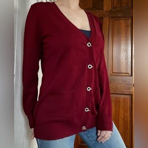 Joan Vass New York Deep Red Burgundy Cardigan Sweater with toggle style buttons